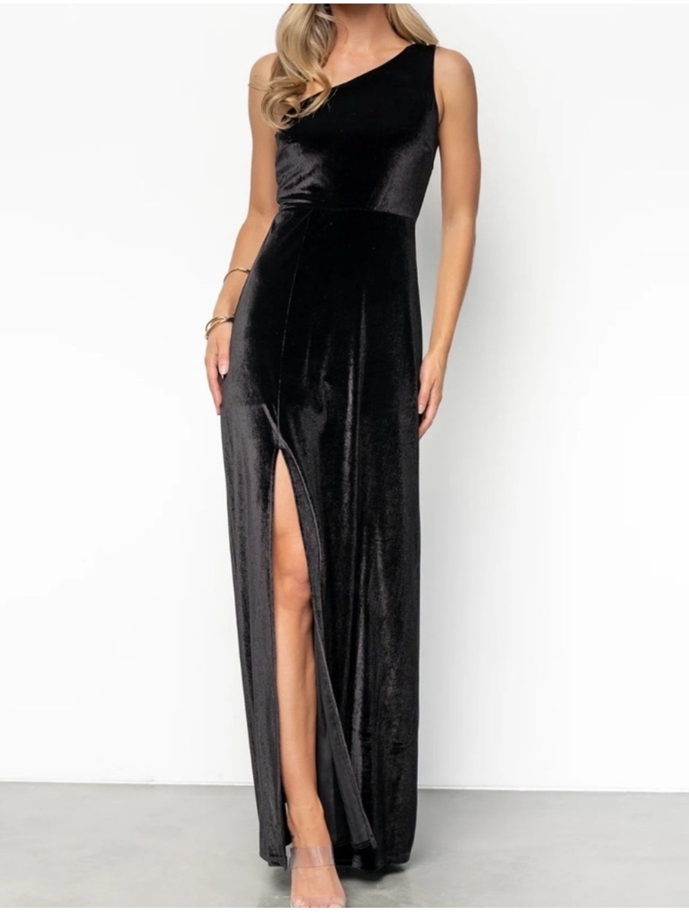 Baltic Born S Tatiana‎ Black Velvet One Shoulder Formal Maxi Dress With Slit